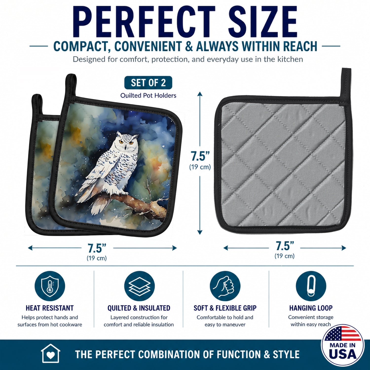 Snowy Owl Night Sky Watercolor Pot Holder Set of 2 Heat Resistant Quilted Hot Pads 7.5 x 7.5 Inch, Insulated Kitchen Trivets for Cooking & Baking