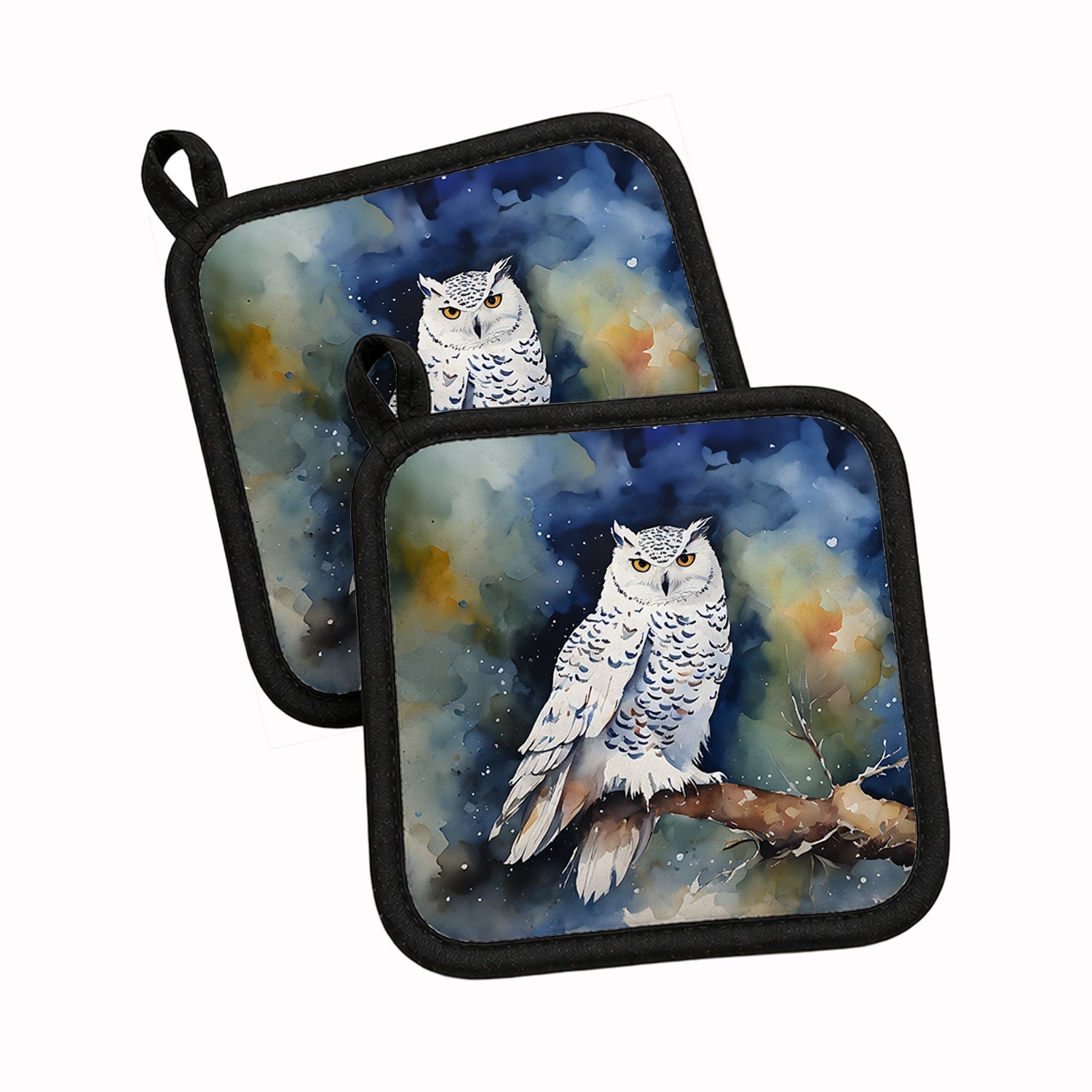 Snowy Owl Night Sky Watercolor Pot Holder Set of 2 Heat Resistant Quilted Hot Pads 7.5 x 7.5 Inch, Insulated Kitchen Trivets for Cooking & Baking