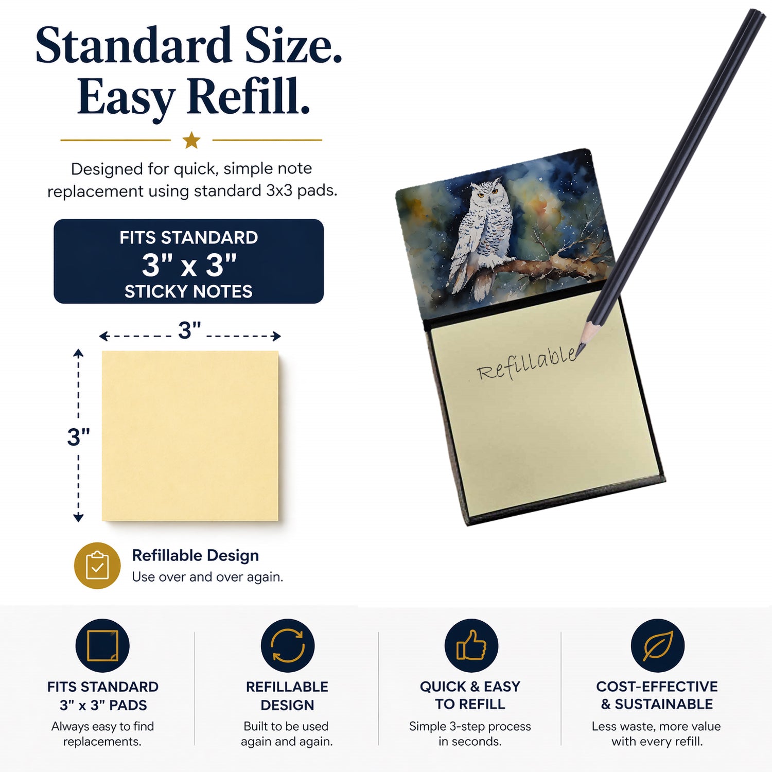 Snowy Owl Night Sky Watercolor Watercolor Sticky Note Holder Refillable Dispenser Desk Accessory 3x3 Pad Gift