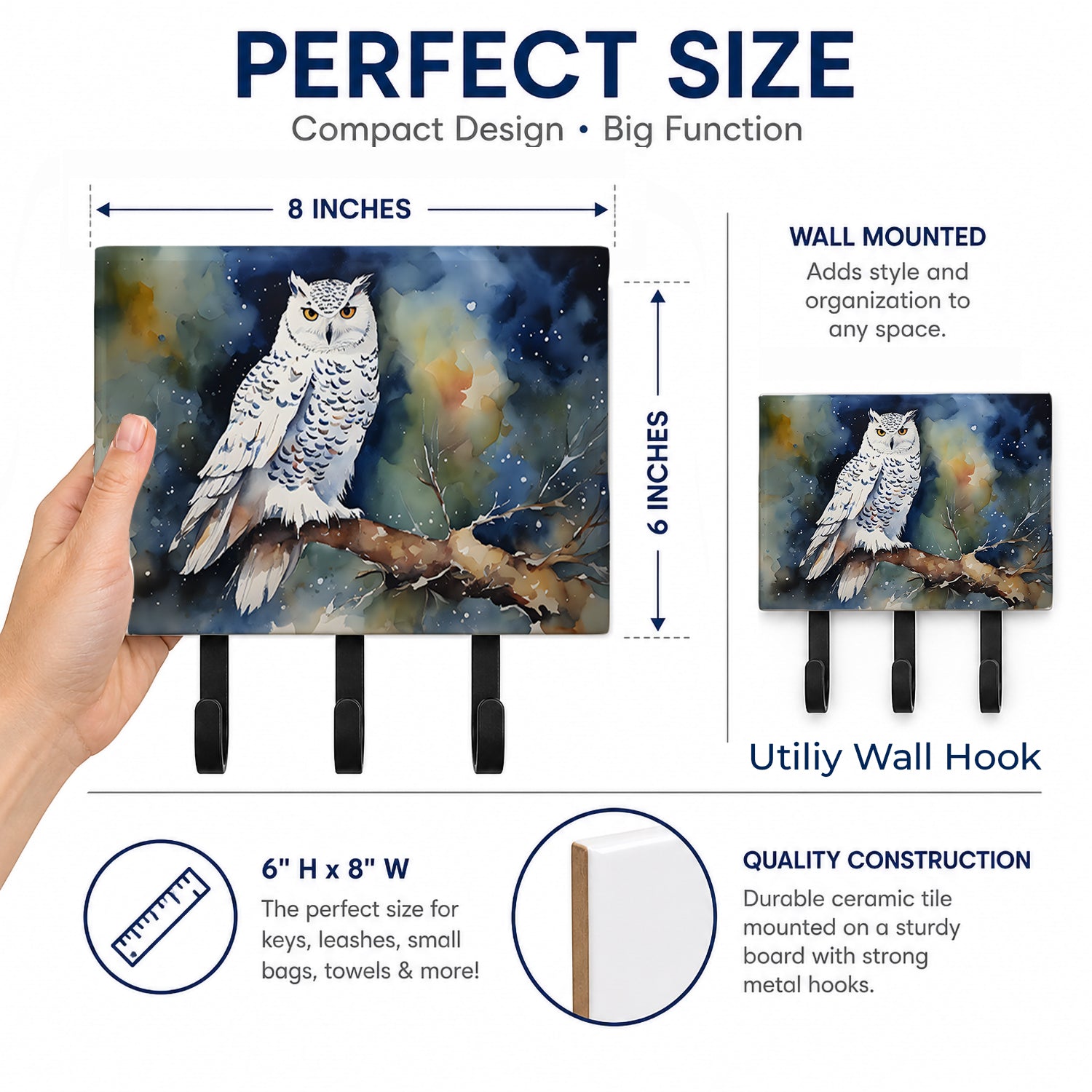 Snowy Owl Night Sky Watercolor Leash or Key Holder Wall Hooks, Coat Rack Wall Mount, for Hanging Keys, Towels, Aprons, Leashes