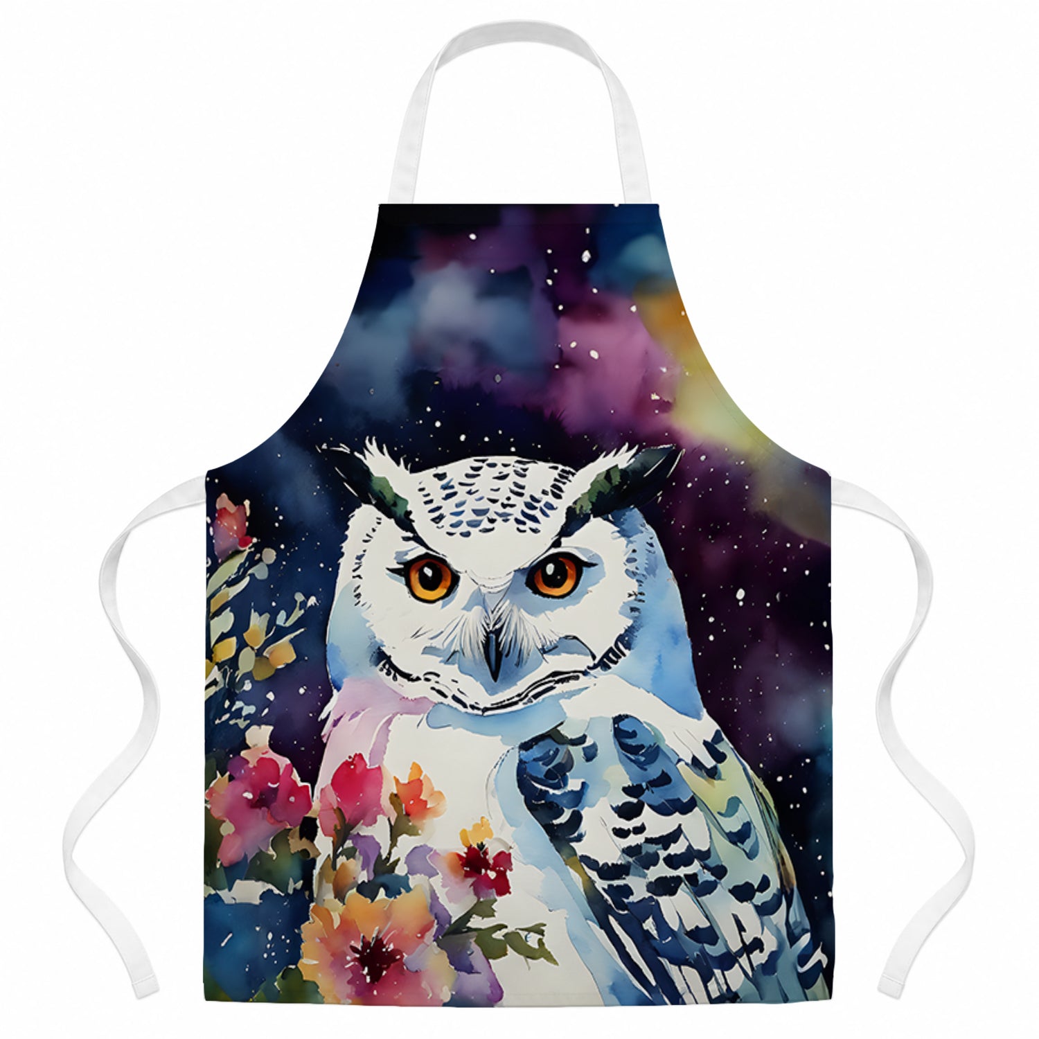 Snowy Owl with Flowers Colorful Watercolor Apron Cooking Kitchen Server Baking Crafts Gardening for Adult Women Men, Unisex, Large, Multicolor