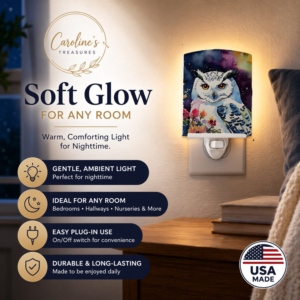Snowy Owl with Flowers Colorful Watercolor Ceramic Night Light Compact, UL-Certified, Ideal for Bedroom, Bathroom, Nursery, Hallway, Kitchen, 6x4x3, Multicolor