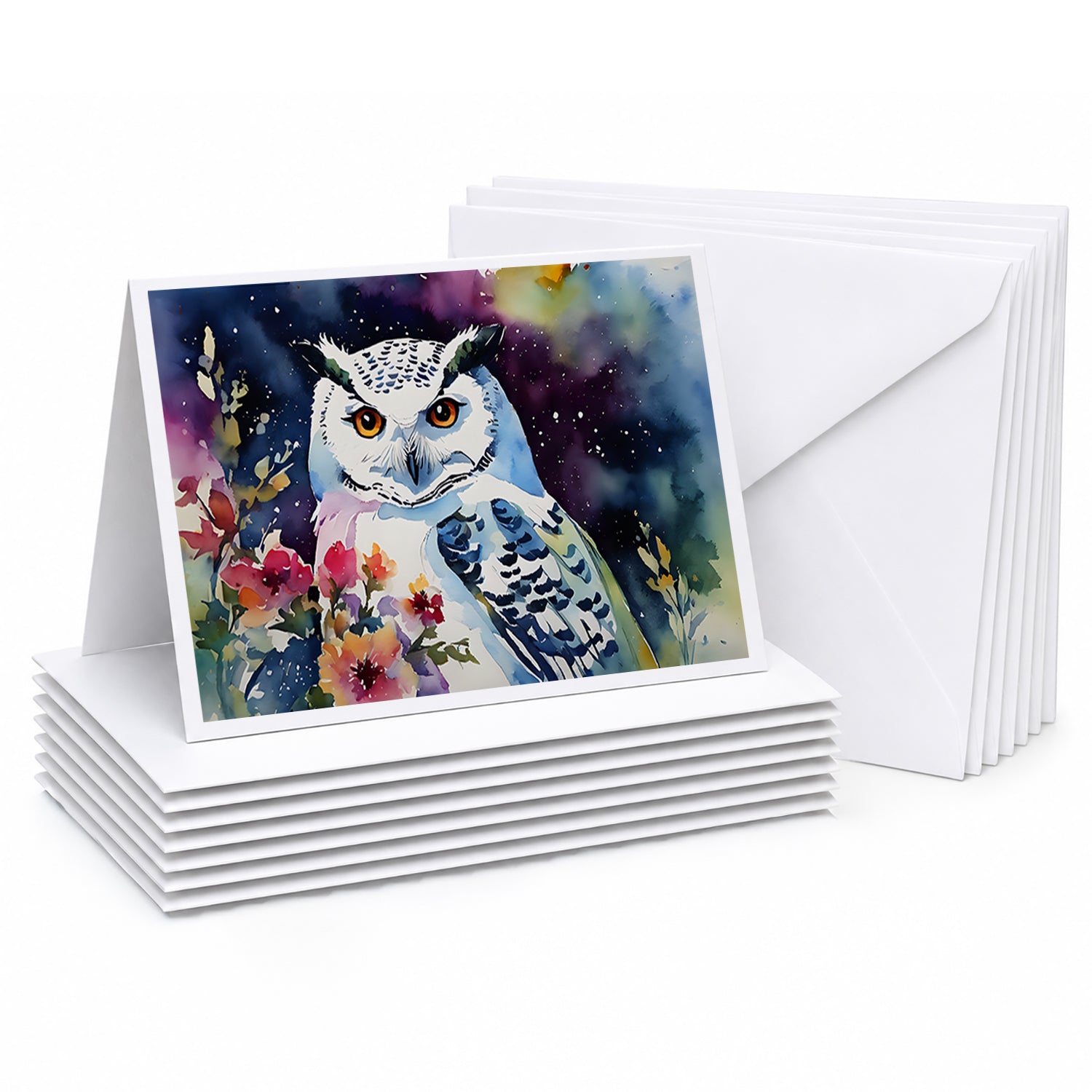 Snowy Owl with Flowers Colorful Watercolor Greeting Cards Pack of 8 Blank Cards with Envelopes Whimsical A7 Size 5x7