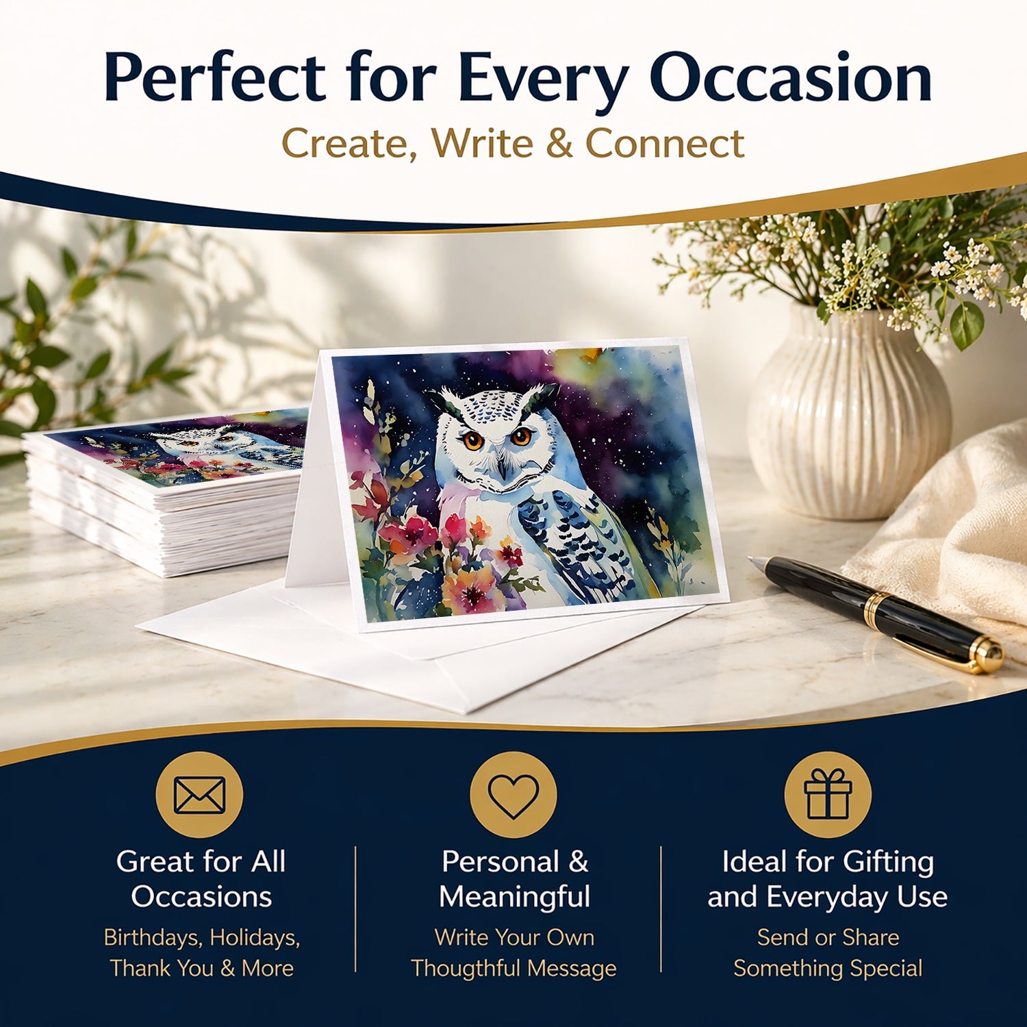 Snowy Owl with Flowers Colorful Watercolor Greeting Cards Pack of 8 Blank Cards with Envelopes Whimsical A7 Size 5x7