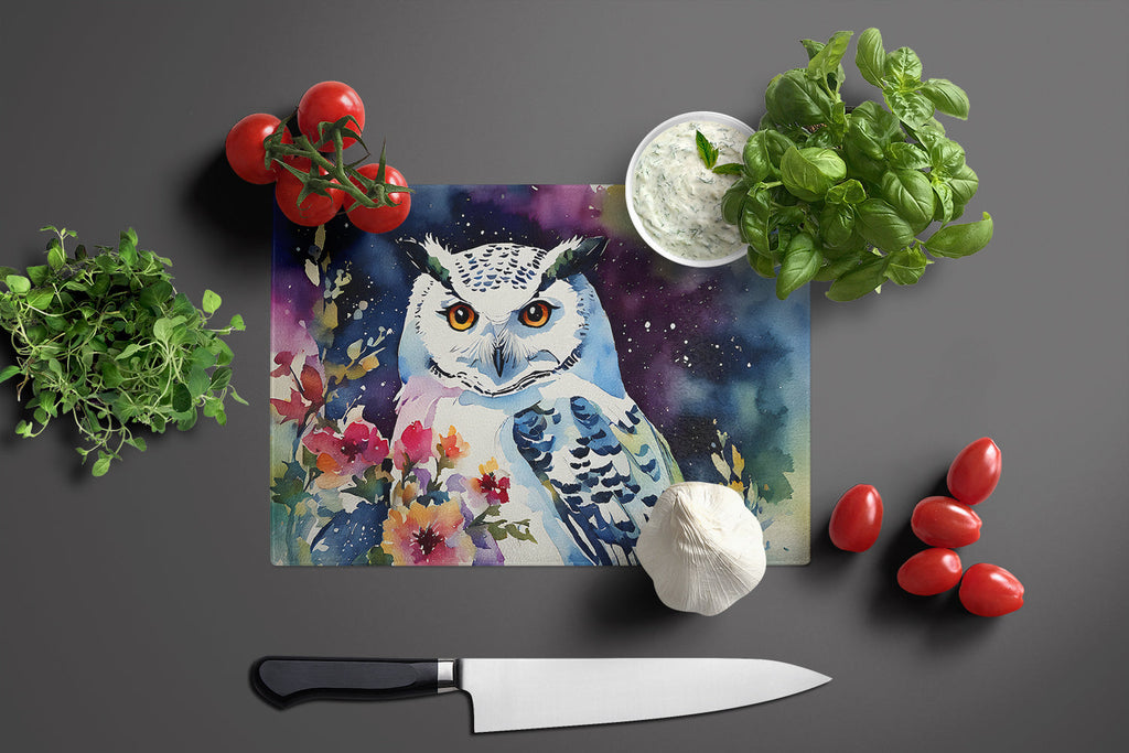 Snowy Owl with Flowers Colorful Watercolor Cutting Board Tempered Glass Kitchen Cutting Surface, Heat Resistant Chopping, Non-Slip Feet, Food Prep & Serving