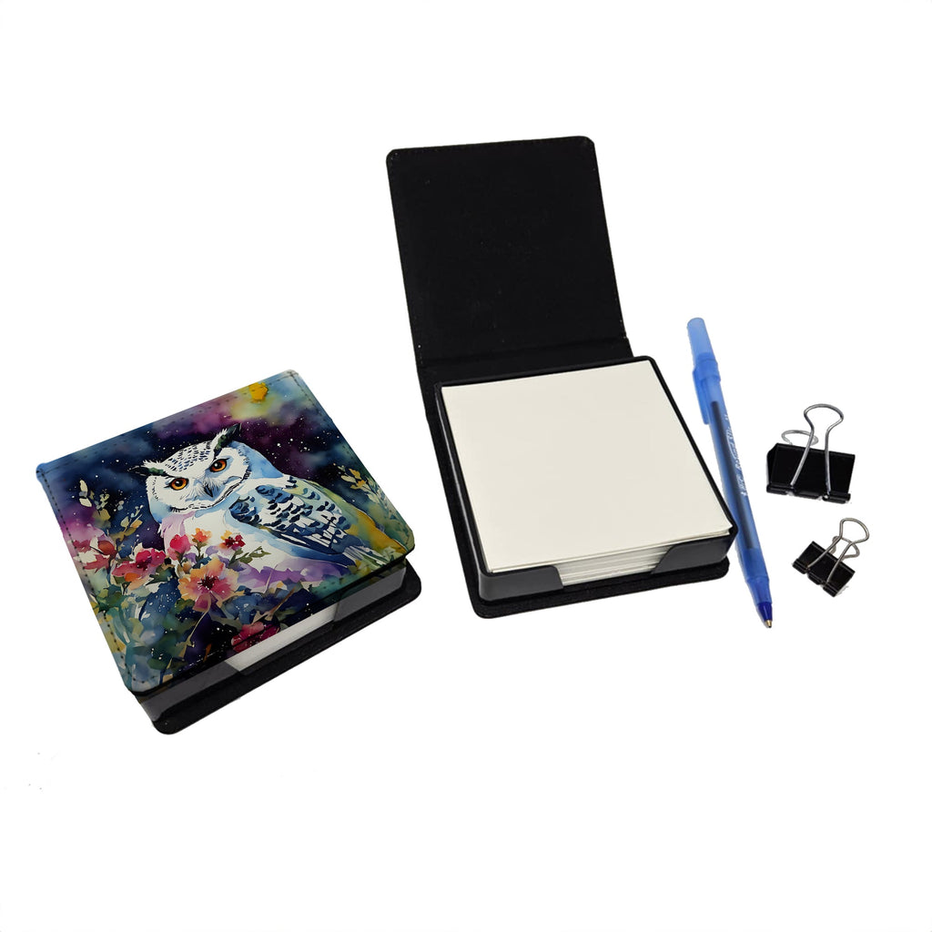 Snowy Owl with Flowers Colorful Watercolor PU Leather Note Paper Holder with Artist-Designed Cover, Desk Accessory, Office Gift