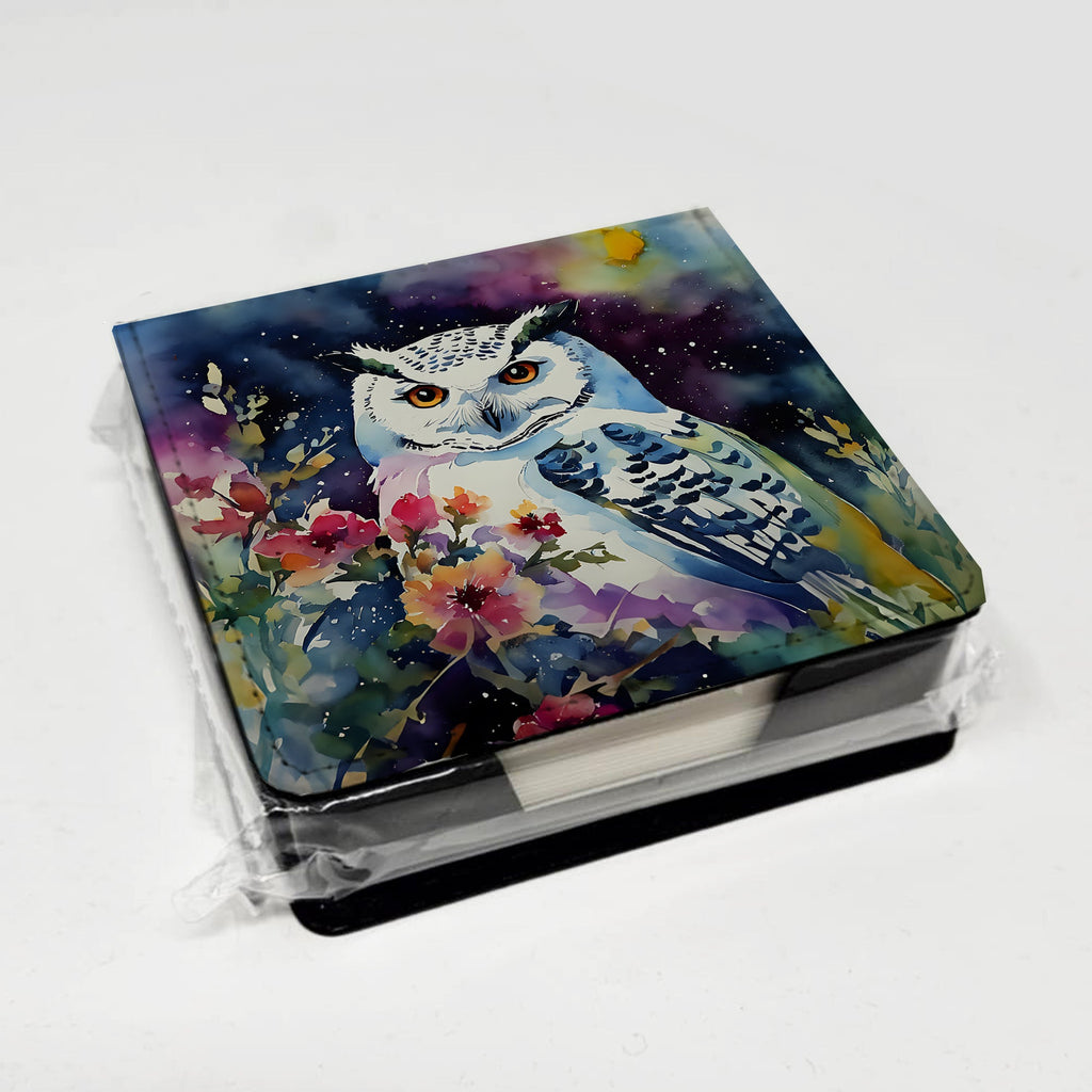 Snowy Owl with Flowers Colorful Watercolor PU Leather Note Paper Holder with Artist-Designed Cover, Desk Accessory, Office Gift