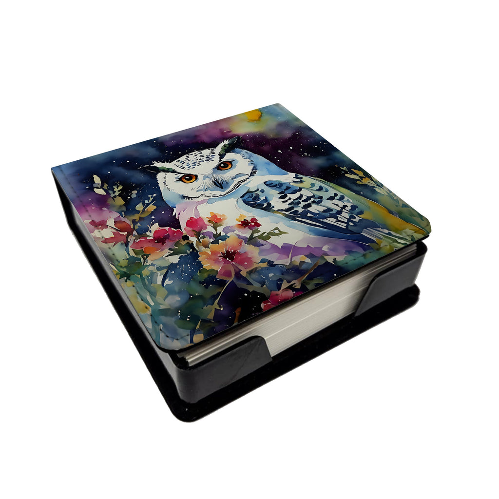 Snowy Owl with Flowers Colorful Watercolor PU Leather Note Paper Holder with Artist-Designed Cover, Desk Accessory, Office Gift