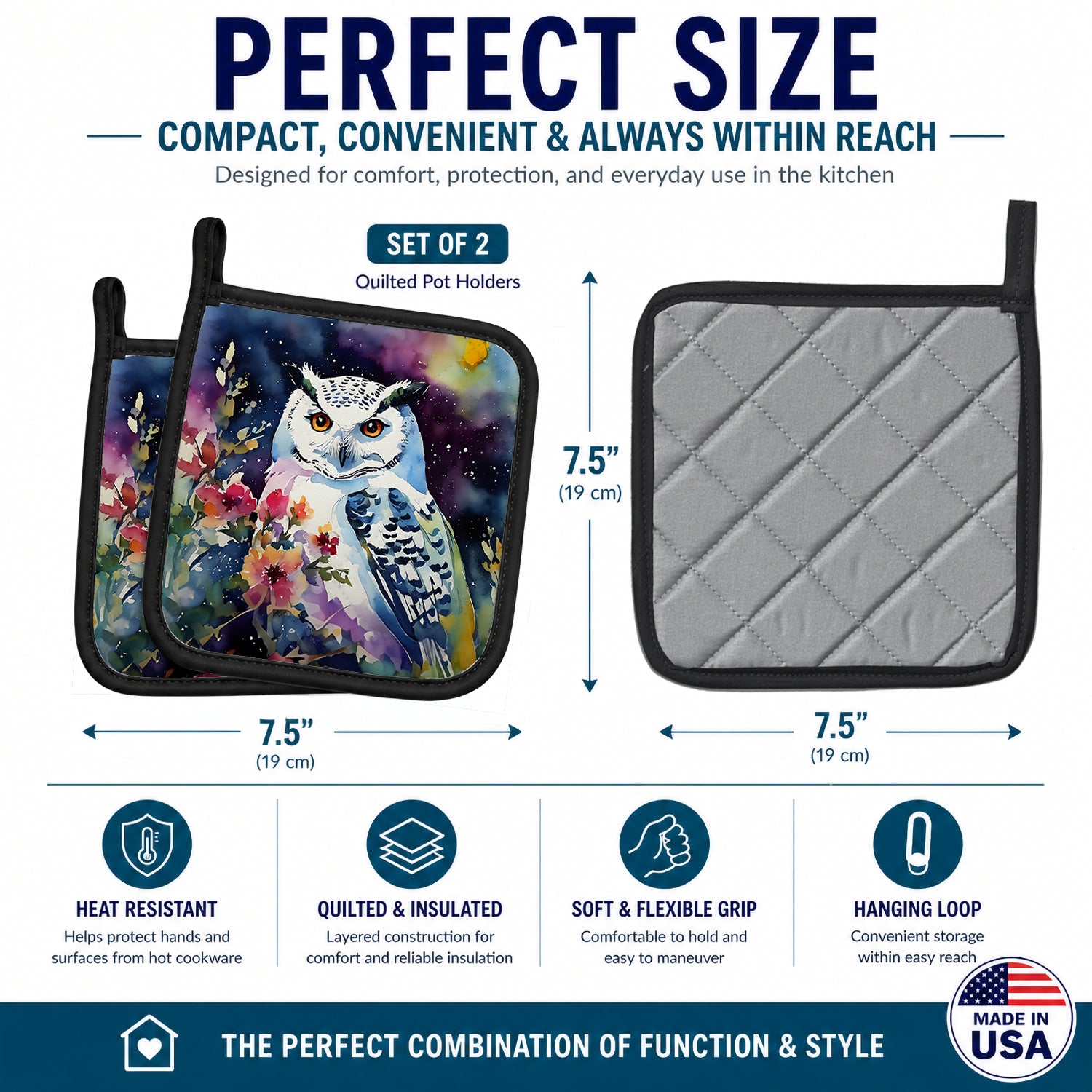 Snowy Owl with Flowers Colorful Watercolor Pot Holder Set of 2 Heat Resistant Quilted Hot Pads 7.5 x 7.5 Inch, Insulated Kitchen Trivets for Cooking & Baking