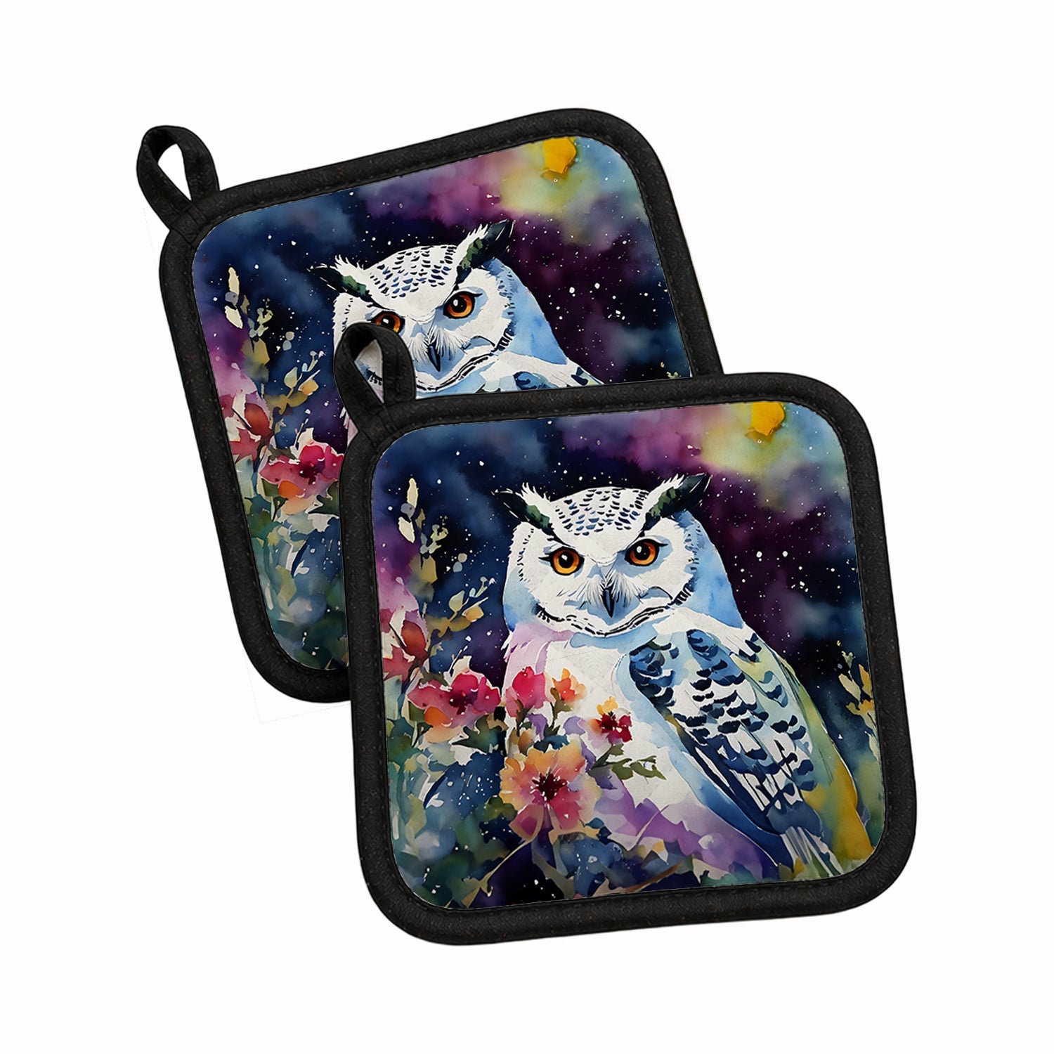Snowy Owl with Flowers Colorful Watercolor Pot Holder Set of 2 Heat Resistant Quilted Hot Pads 7.5 x 7.5 Inch, Insulated Kitchen Trivets for Cooking & Baking
