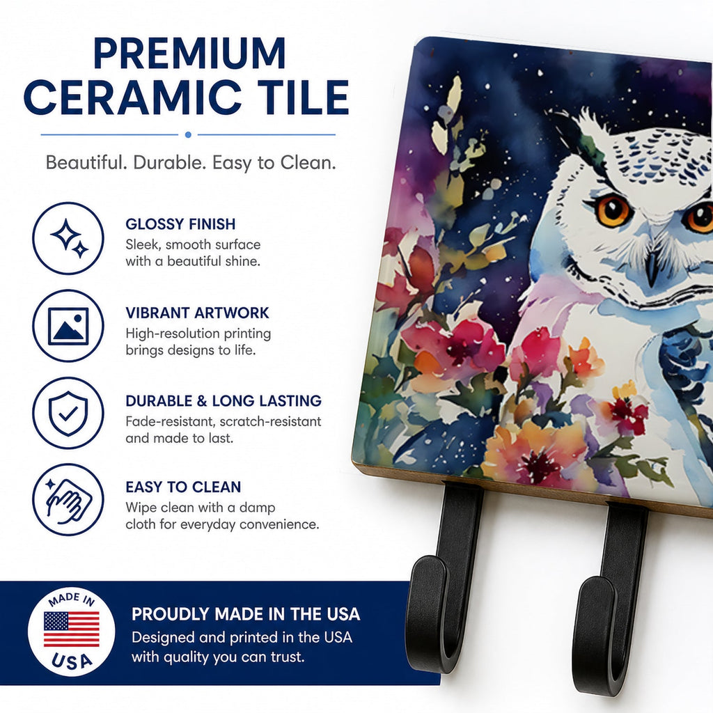 Snowy Owl with Flowers Colorful Watercolor Leash or Key Holder Wall Hooks, Coat Rack Wall Mount, for Hanging Keys, Towels, Aprons, Leashes