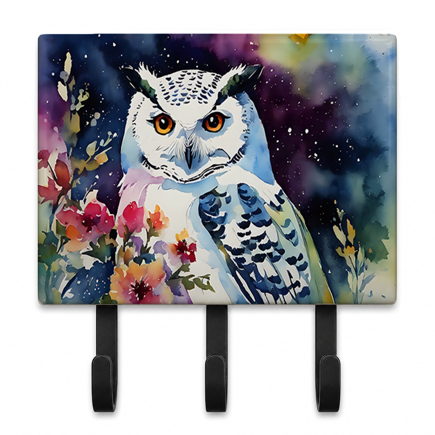 Snowy Owl with Flowers Colorful Watercolor Leash or Key Holder Wall Hooks, Coat Rack Wall Mount, for Hanging Keys, Towels, Aprons, Leashes