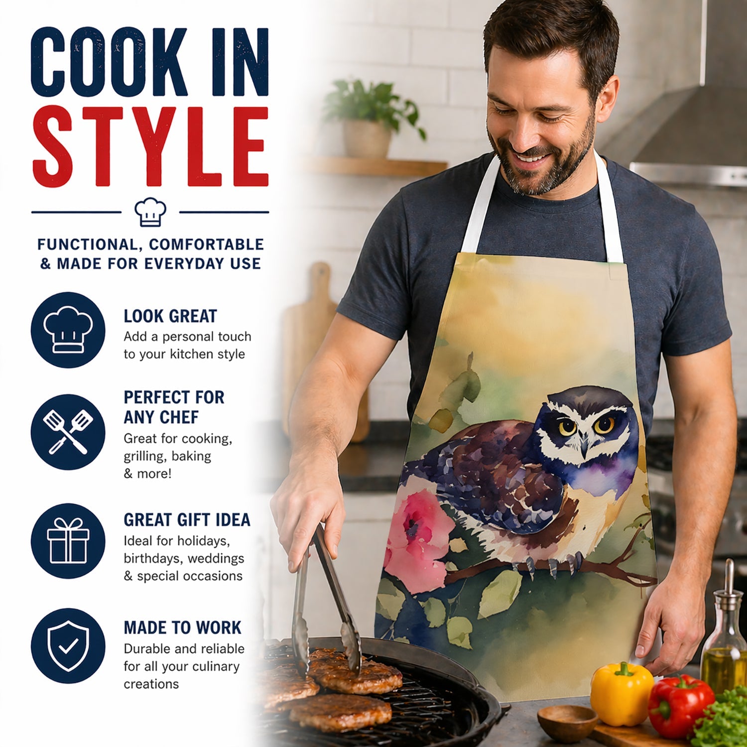 Spectacled Owl on Branch with Flowers Apron Cooking Kitchen Server Baking Crafts Gardening for Adult Women Men, Unisex, Large, Multicolor