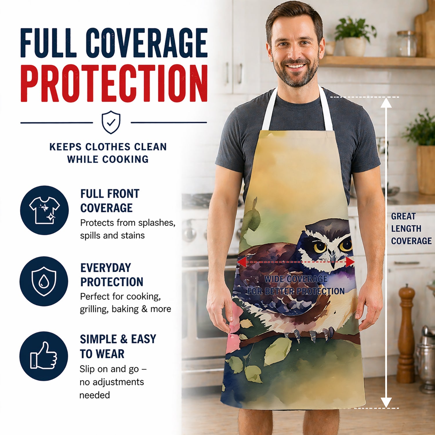 Spectacled Owl on Branch with Flowers Apron Cooking Kitchen Server Baking Crafts Gardening for Adult Women Men, Unisex, Large, Multicolor