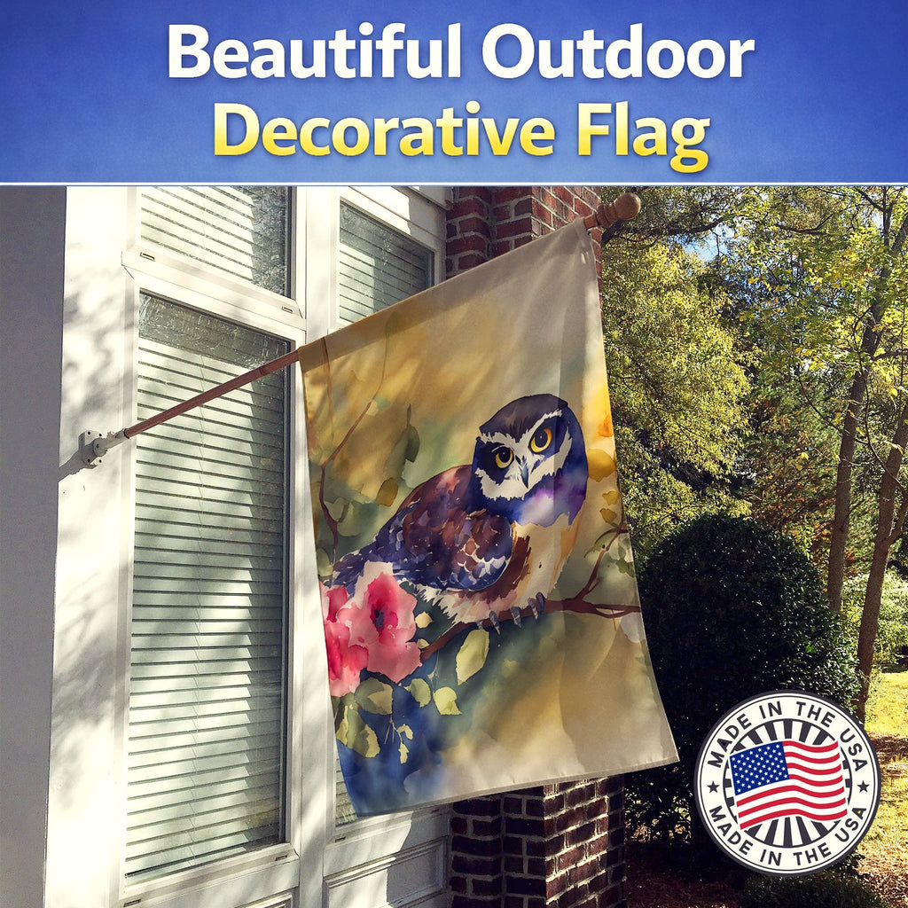 Spectacled Owl on Branch with Flowers House Flag 28x40 Porch Sleeve Pole Decorative Outside Yard Banner Artwork Wall Hanging, Polyester