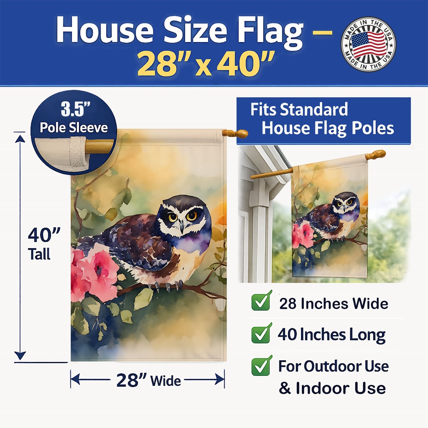 Spectacled Owl on Branch with Flowers House Flag 28x40 Porch Sleeve Pole Decorative Outside Yard Banner Artwork Wall Hanging, Polyester