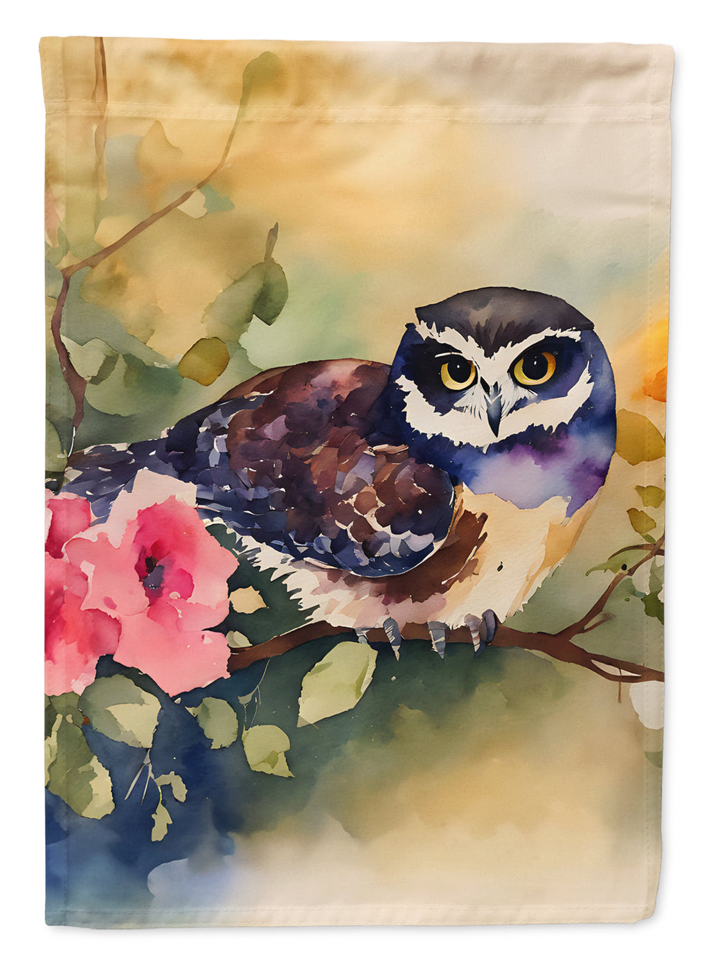 Spectacled Owl on Branch with Flowers House Flag 28x40 Porch Sleeve Pole Decorative Outside Yard Banner Artwork Wall Hanging, Polyester