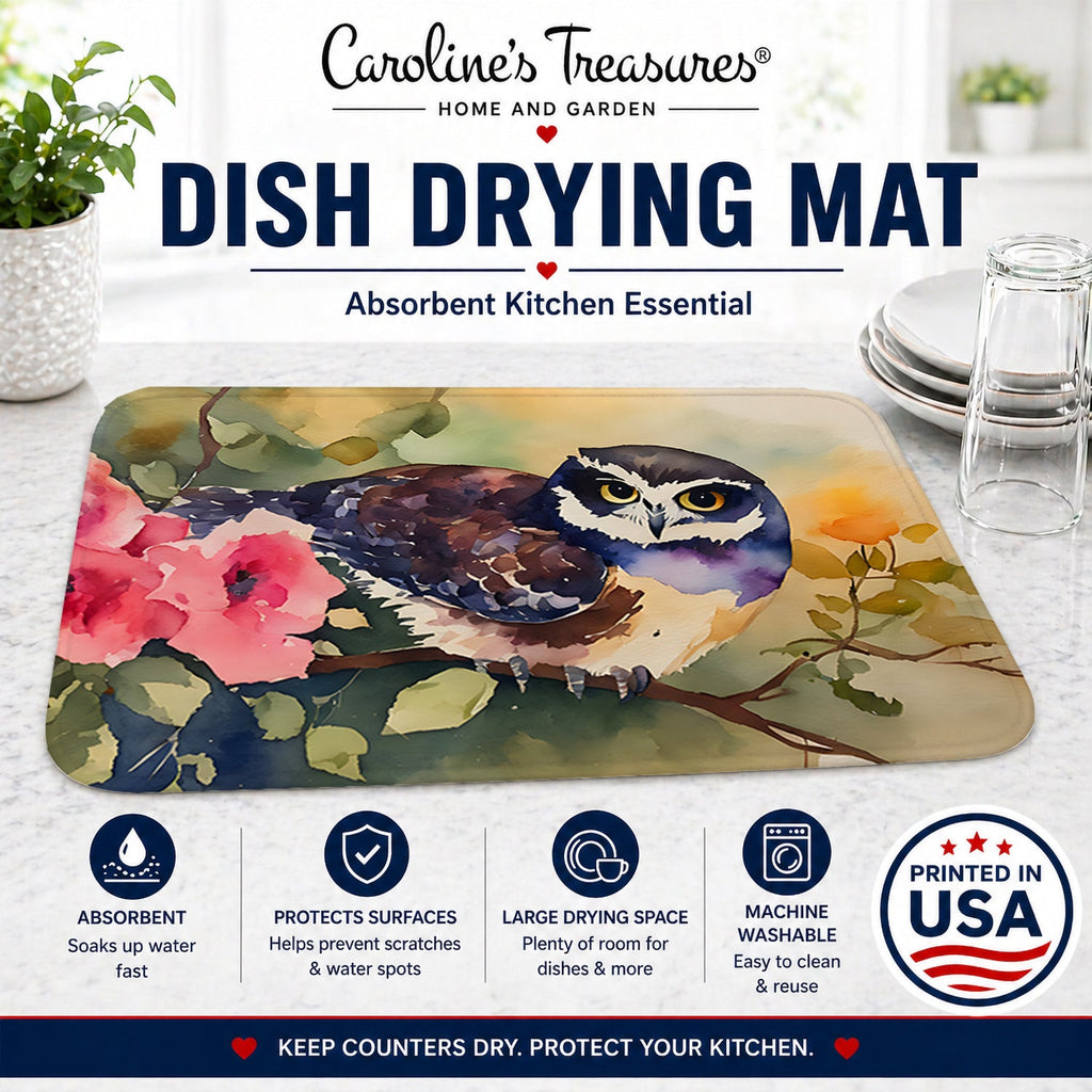 Spectacled Owl on Branch with Flowers Dish Drying Mat Absorbent Dish Drying Mat Pad for Kitchen Counter Dish Drainer Mat for Countertop, 14 x 21", Multicolor