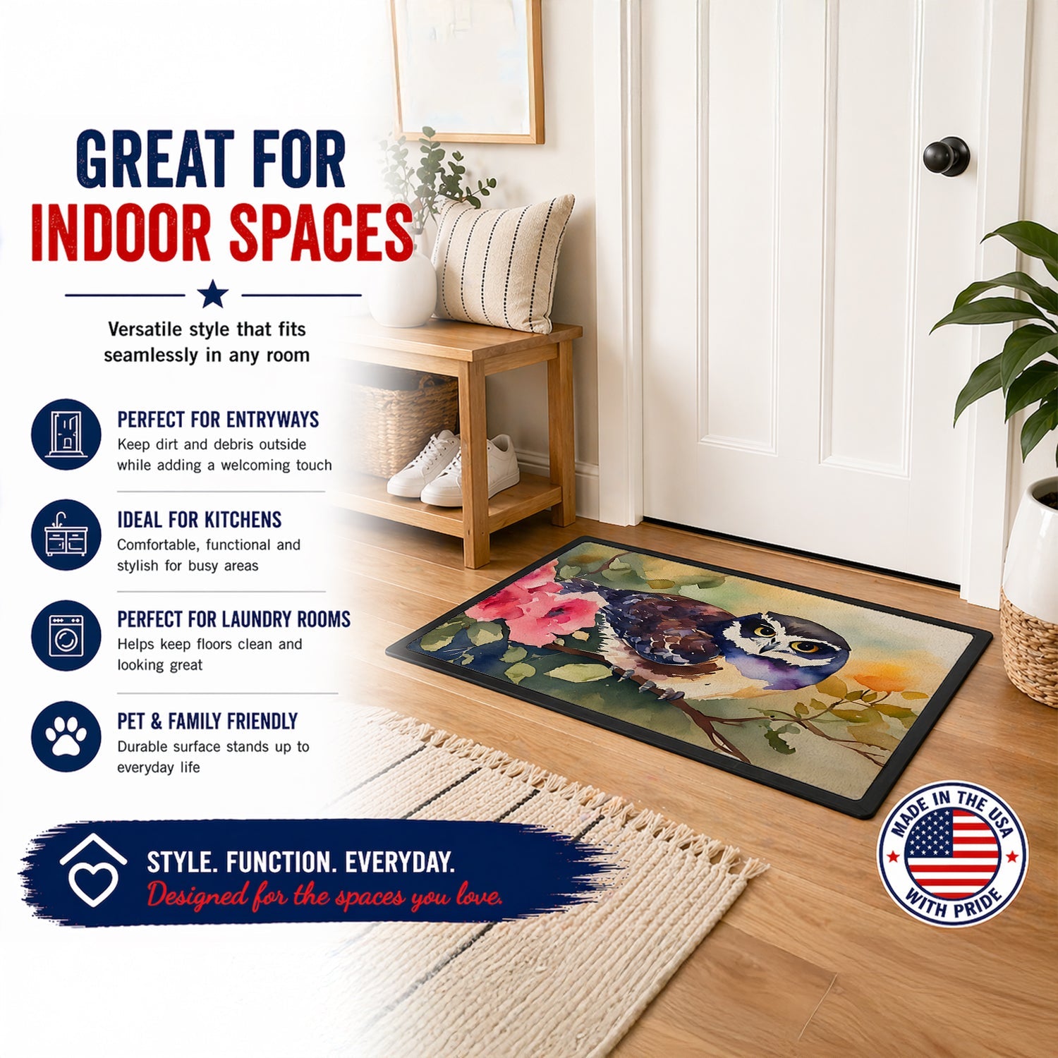 Spectacled Owl on Branch with Flowers Doormat Indoor Outdoor 18H X 27W Front Door Mat Rugs for Entryway, Non Slip Washable