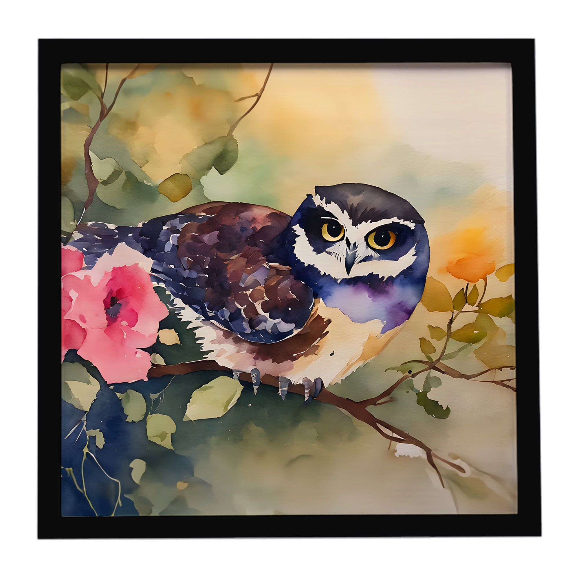 Spectacled Owl on Branch with Flowers Framed Metal Print Bathroom, Kitchen, Office, Home Decor Wall Art Ready to Hang, Square, 8X8
