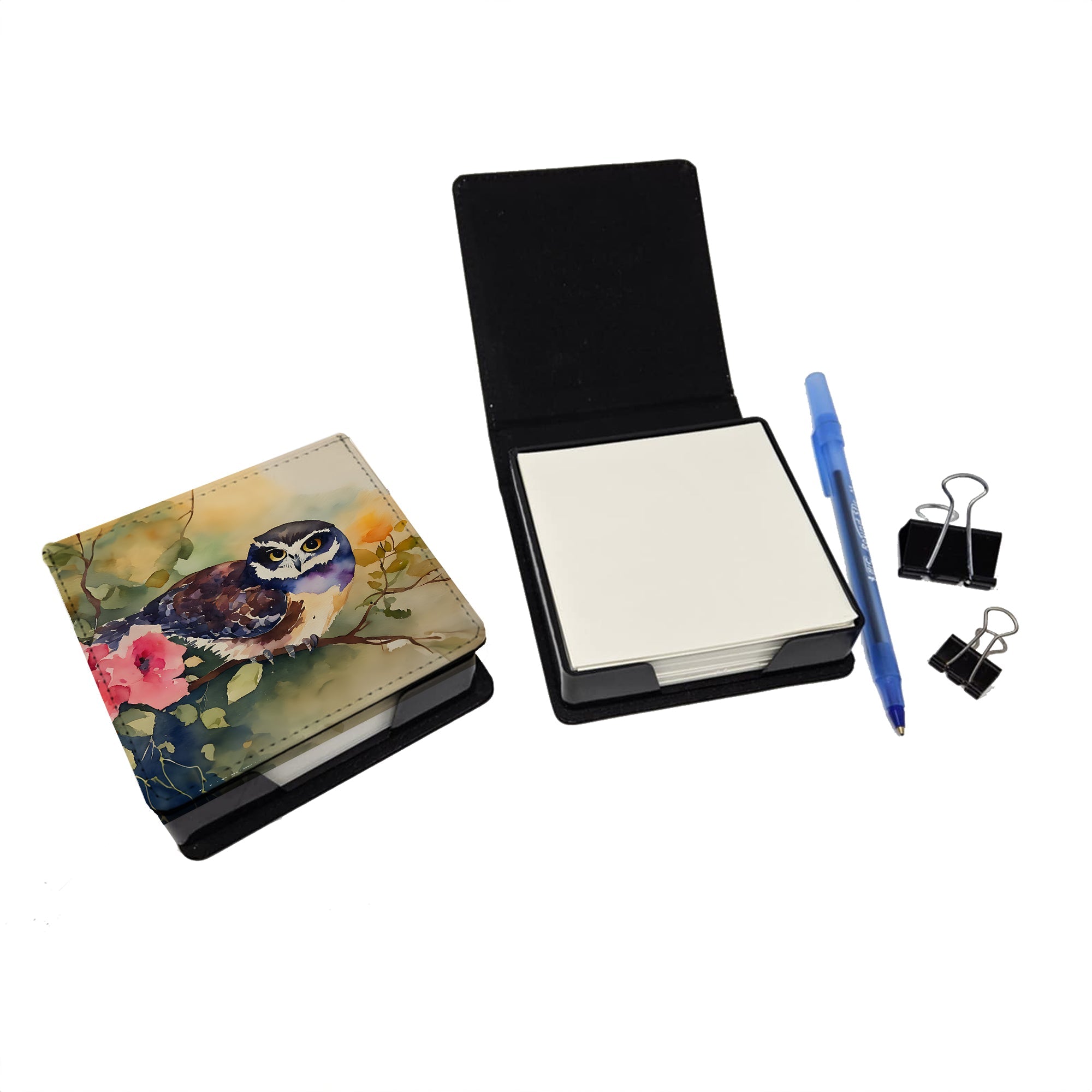Spectacled Owl on Branch with Flowers PU Leather Note Paper Holder with Artist-Designed Cover, Desk Accessory, Office Gift