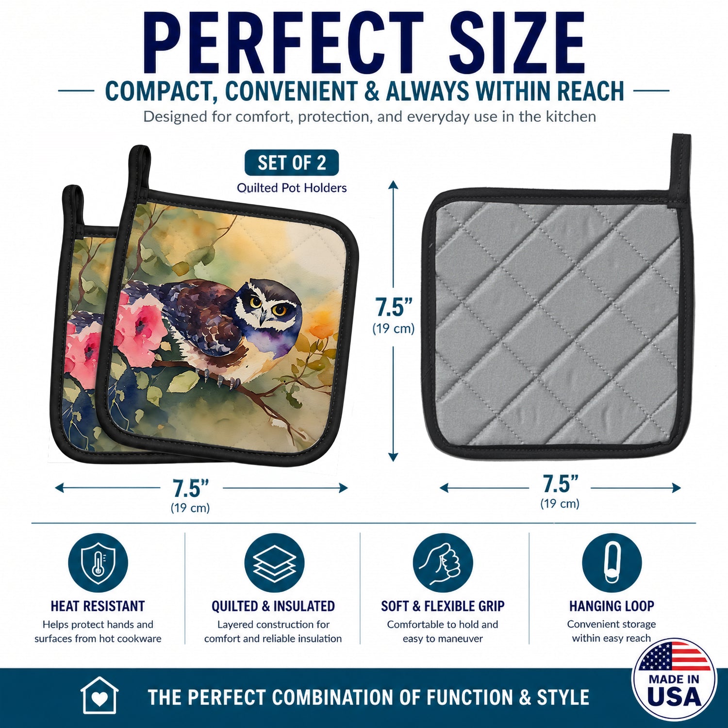 Spectacled Owl on Branch with Flowers Pot Holder Set of 2 Heat Resistant Quilted Hot Pads 7.5 x 7.5 Inch, Insulated Kitchen Trivets for Cooking & Baking