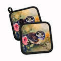 Spectacled Owl on Branch with Flowers Pot Holder Set of 2 Heat Resistant Quilted Hot Pads 7.5 x 7.5 Inch, Insulated Kitchen Trivets for Cooking & Baking