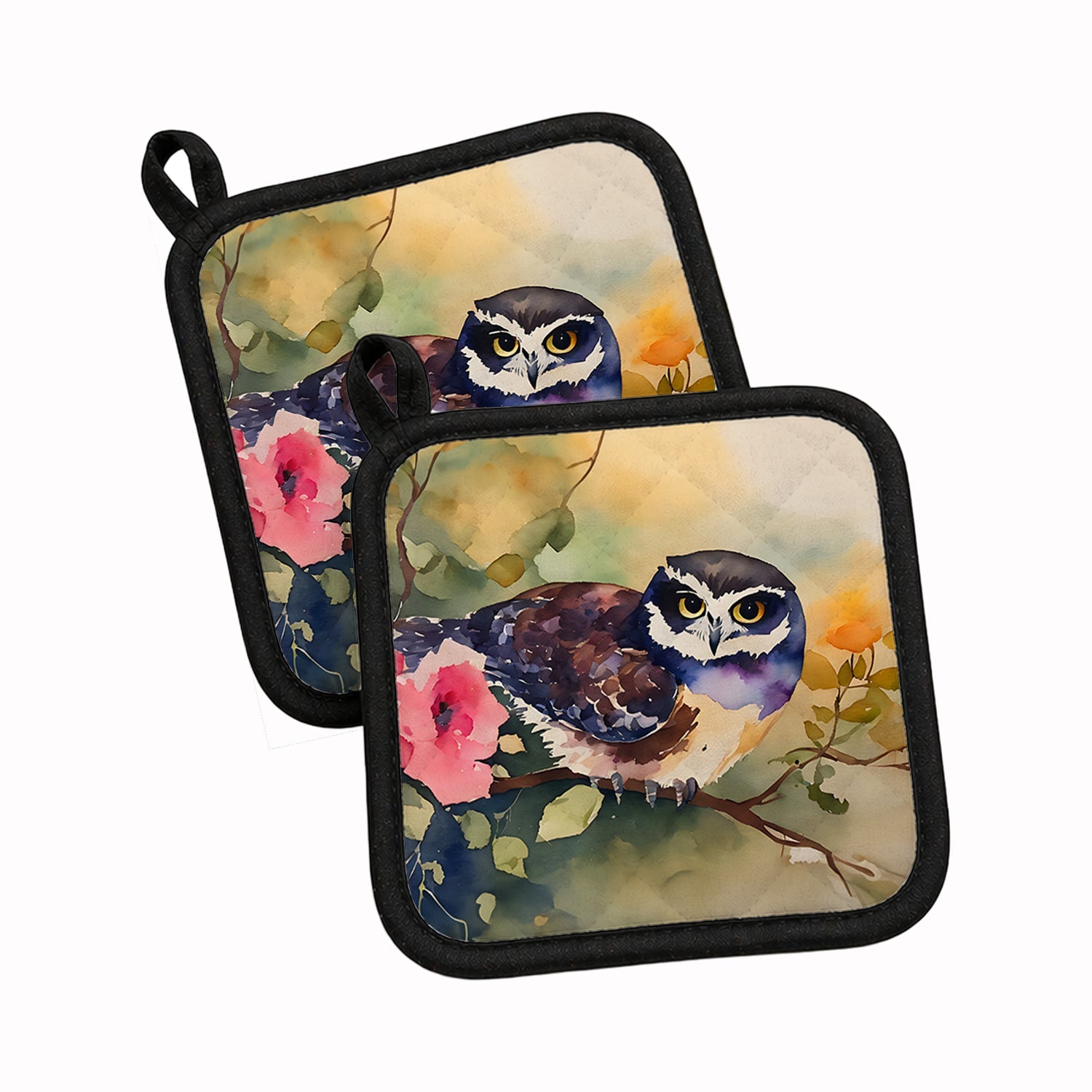 Spectacled Owl on Branch with Flowers Pot Holder Set of 2 Heat Resistant Quilted Hot Pads 7.5 x 7.5 Inch, Insulated Kitchen Trivets for Cooking & Baking