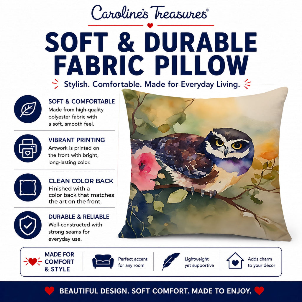 Spectacled Owl on Branch with Flowers Decorative Throw Pillow 14x14 Indoor Outdoor Accent Cushion, Fabric Cover with Insert for Sofa, Bed, Porch & Living Room