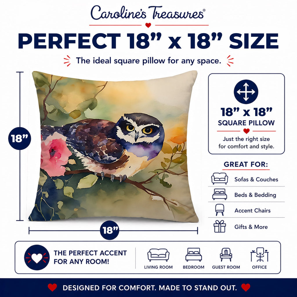 Spectacled Owl on Branch with Flowers Decorative Throw Pillow 18x18 Indoor Outdoor Accent Cushion, Fabric Cover with Insert for Sofa, Bed, Porch & Living Room