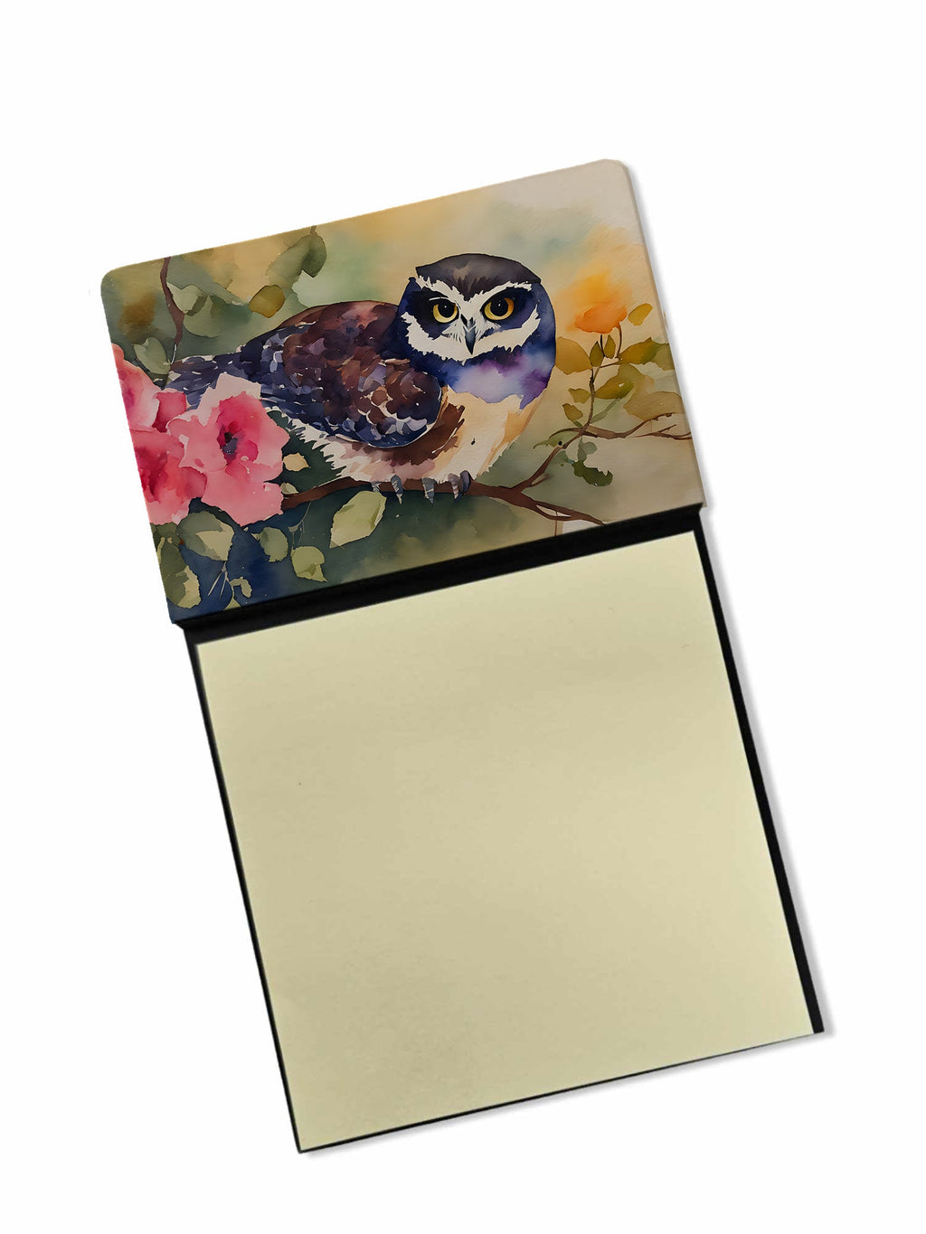 Spectacled Owl on Branch with Flowers Watercolor Sticky Note Holder Refillable Dispenser Desk Accessory 3x3 Pad Gift