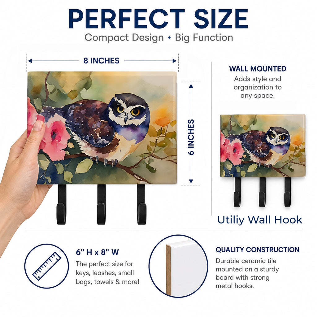 Spectacled Owl on Branch with Flowers Leash or Key Holder Wall Hooks, Coat Rack Wall Mount, for Hanging Keys, Towels, Aprons, Leashes