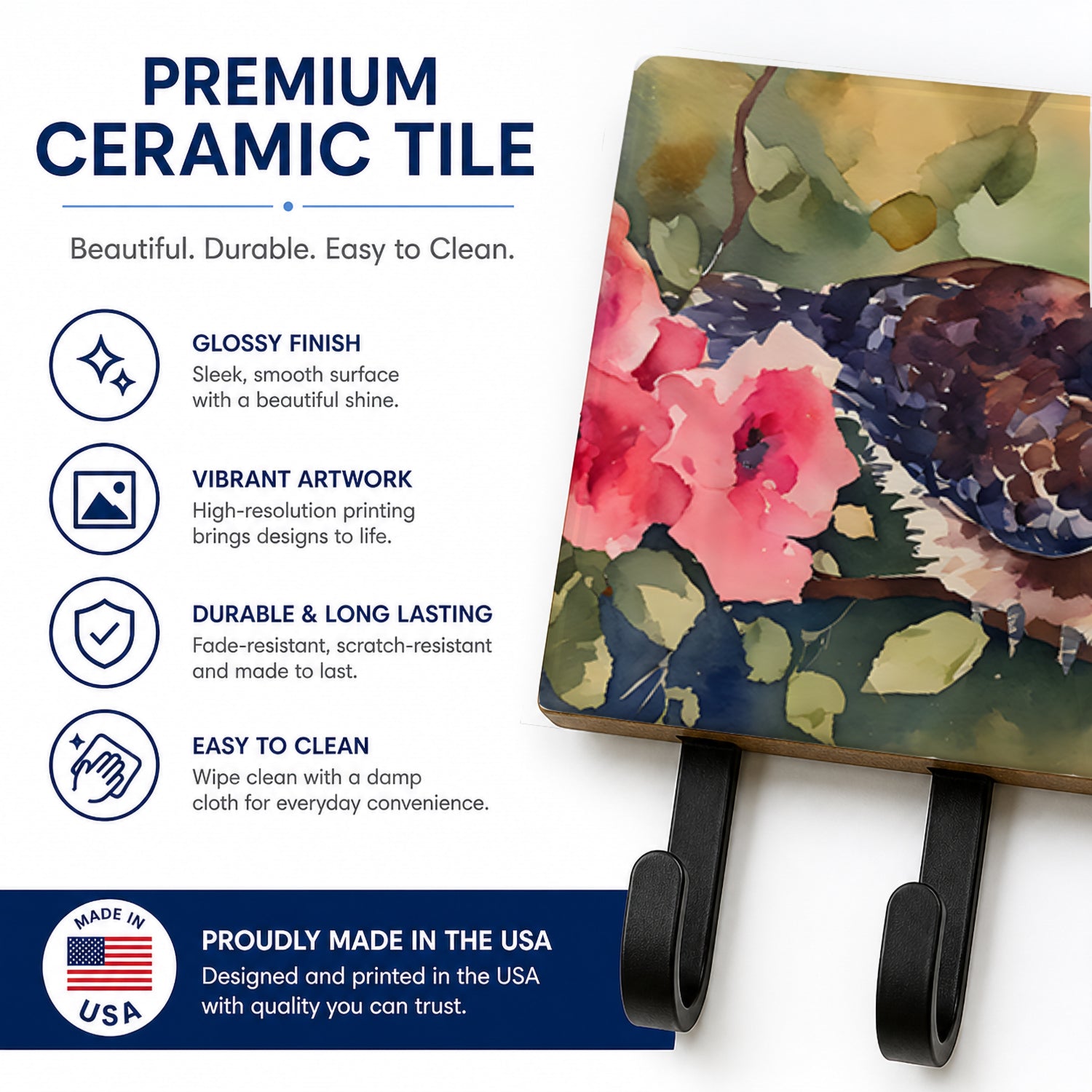 Spectacled Owl on Branch with Flowers Leash or Key Holder Wall Hooks, Coat Rack Wall Mount, for Hanging Keys, Towels, Aprons, Leashes