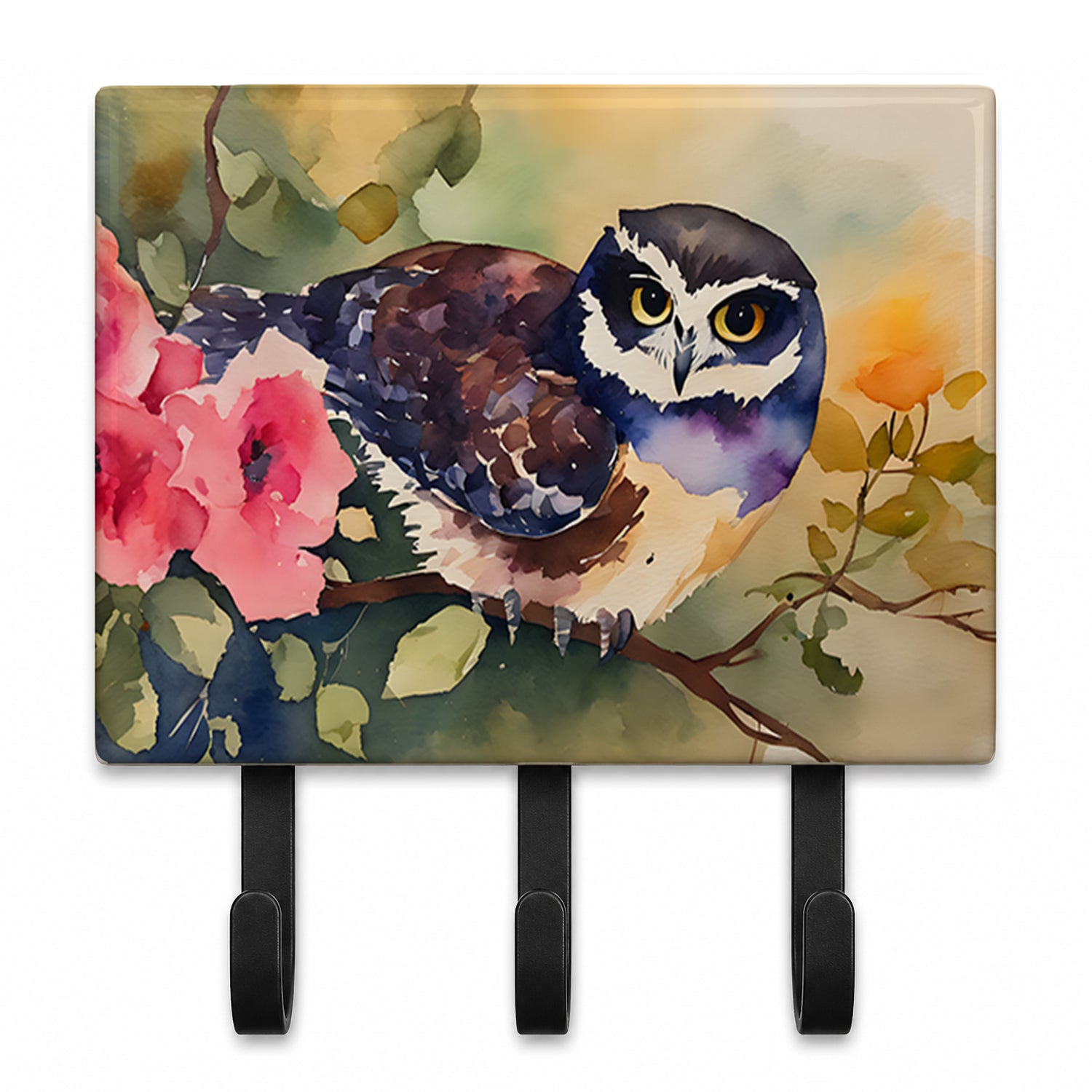 Spectacled Owl on Branch with Flowers Leash or Key Holder Wall Hooks, Coat Rack Wall Mount, for Hanging Keys, Towels, Aprons, Leashes