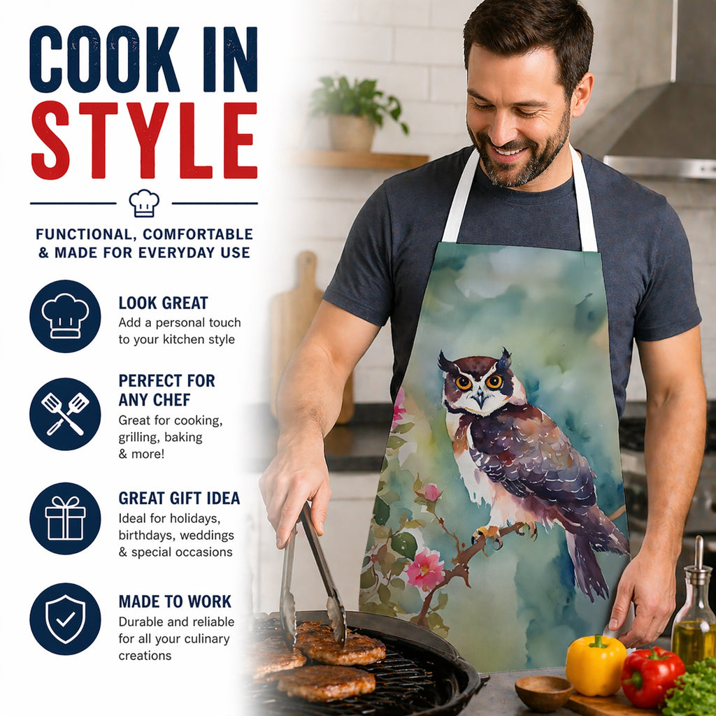 Spectacled Owl Perched with Pink Flowers Apron Cooking Kitchen Server Baking Crafts Gardening for Adult Women Men, Unisex, Large, Multicolor