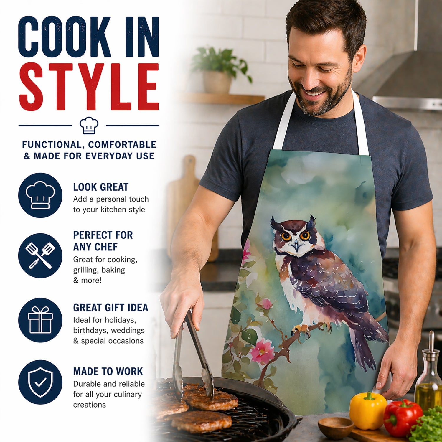 Spectacled Owl Perched with Pink Flowers Apron Cooking Kitchen Server Baking Crafts Gardening for Adult Women Men, Unisex, Large, Multicolor
