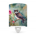 Spectacled Owl Perched with Pink Flowers Ceramic Night Light Compact, UL-Certified, Ideal for Bedroom, Bathroom, Nursery, Hallway, Kitchen, 6x4x3, Multicolor