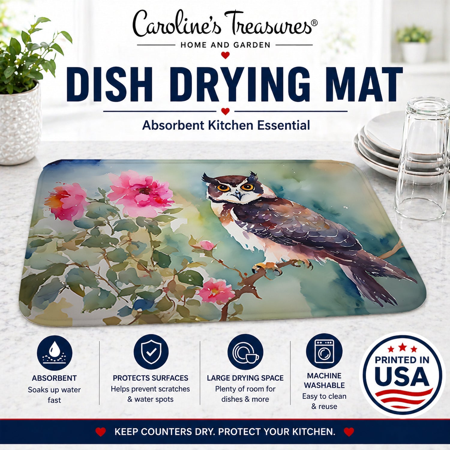 Spectacled Owl Perched with Pink Flowers Dish Drying Mat Absorbent Dish Drying Mat Pad for Kitchen Counter Dish Drainer Mat for Countertop, 14 x 21", Multicolor