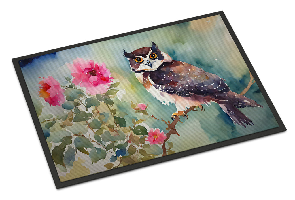 Spectacled Owl Perched with Pink Flowers Doormat Indoor Outdoor 24H X 36W Front Door Mat Rugs for Entryway, Non Slip Washable Low Pile,