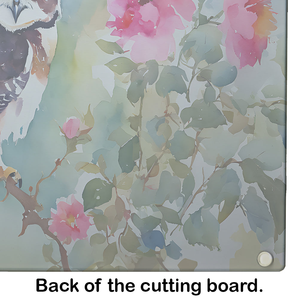 Spectacled Owl Perched with Pink Flowers Cutting Board Tempered Glass Kitchen Cutting Surface, Heat Resistant Chopping, Non-Slip Feet, Food Prep & Serving
