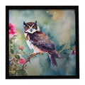 Spectacled Owl Perched with Pink Flowers Framed Metal Print Bathroom, Kitchen, Office, Home Decor Wall Art Ready to Hang, Square, 8X8