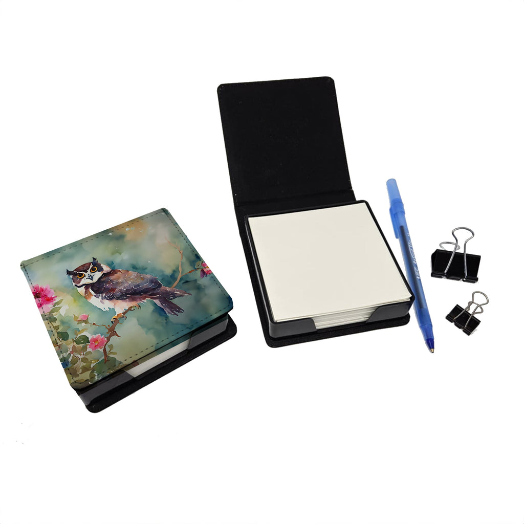 Spectacled Owl Perched with Pink Flowers PU Leather Note Paper Holder with Artist-Designed Cover, Desk Accessory, Office Gift