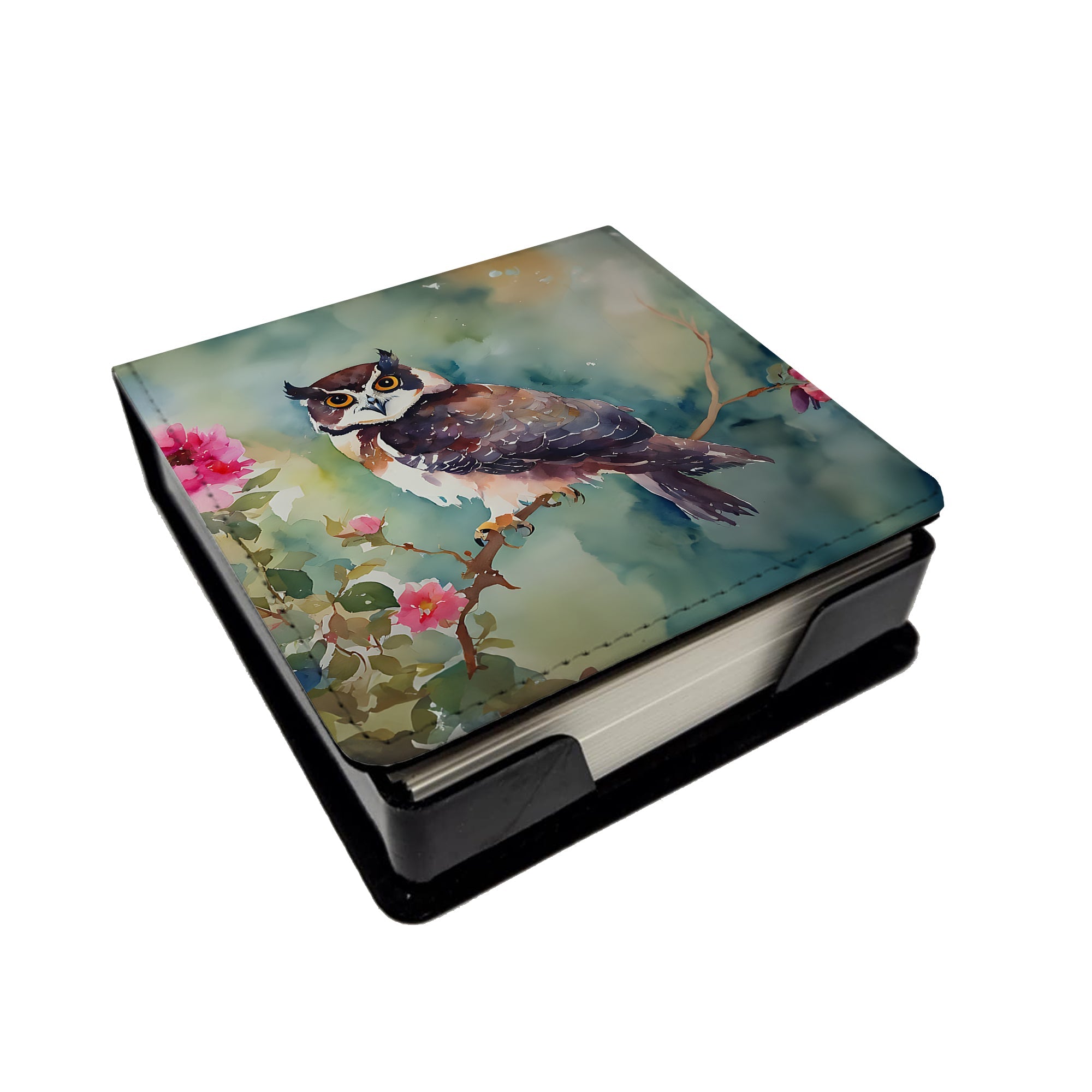 Spectacled Owl Perched with Pink Flowers PU Leather Note Paper Holder with Artist-Designed Cover, Desk Accessory, Office Gift