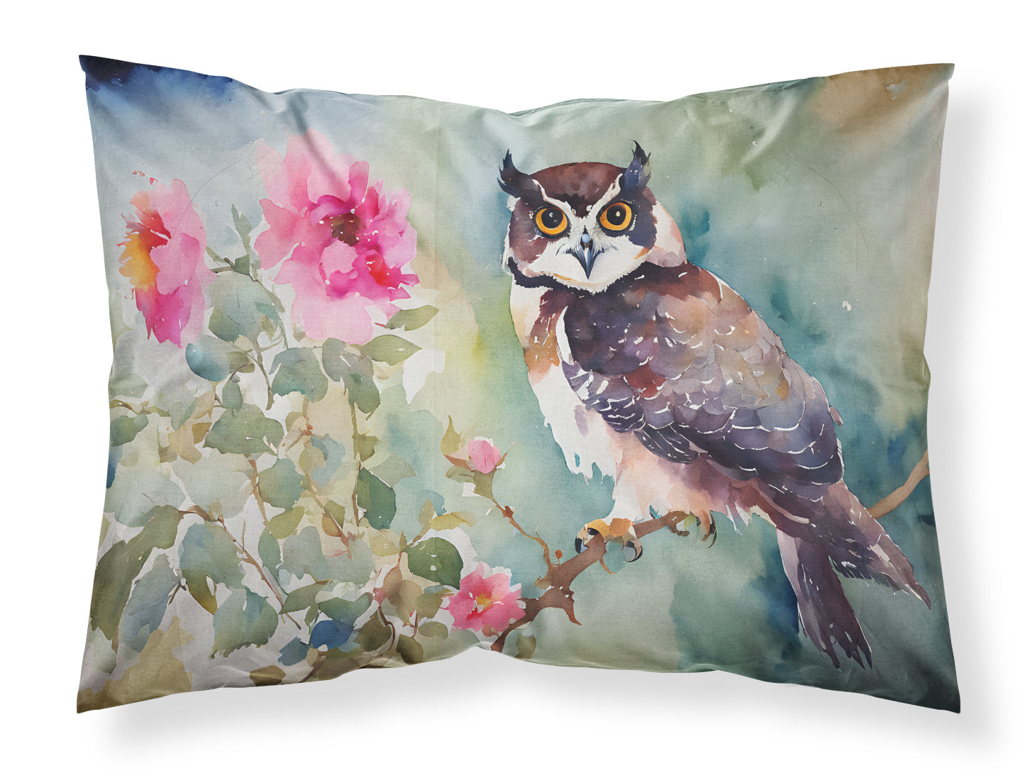Spectacled Owl Perched with Pink Flowers Standard Pillowcase Lightweight Super Soft Easy Care Decorative Artwork Pillowcase, Standard