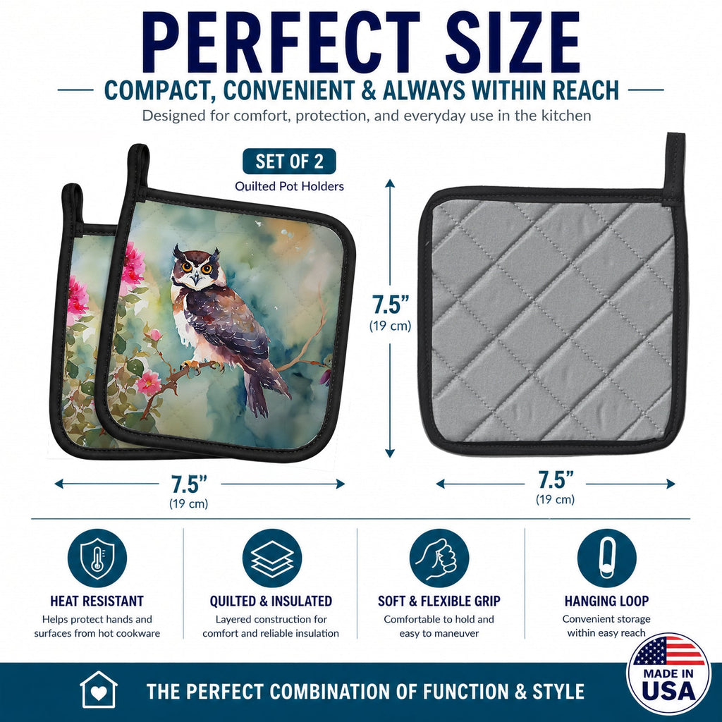 Spectacled Owl Perched with Pink Flowers Pot Holder Set of 2 Heat Resistant Quilted Hot Pads 7.5 x 7.5 Inch, Insulated Kitchen Trivets for Cooking & Baking
