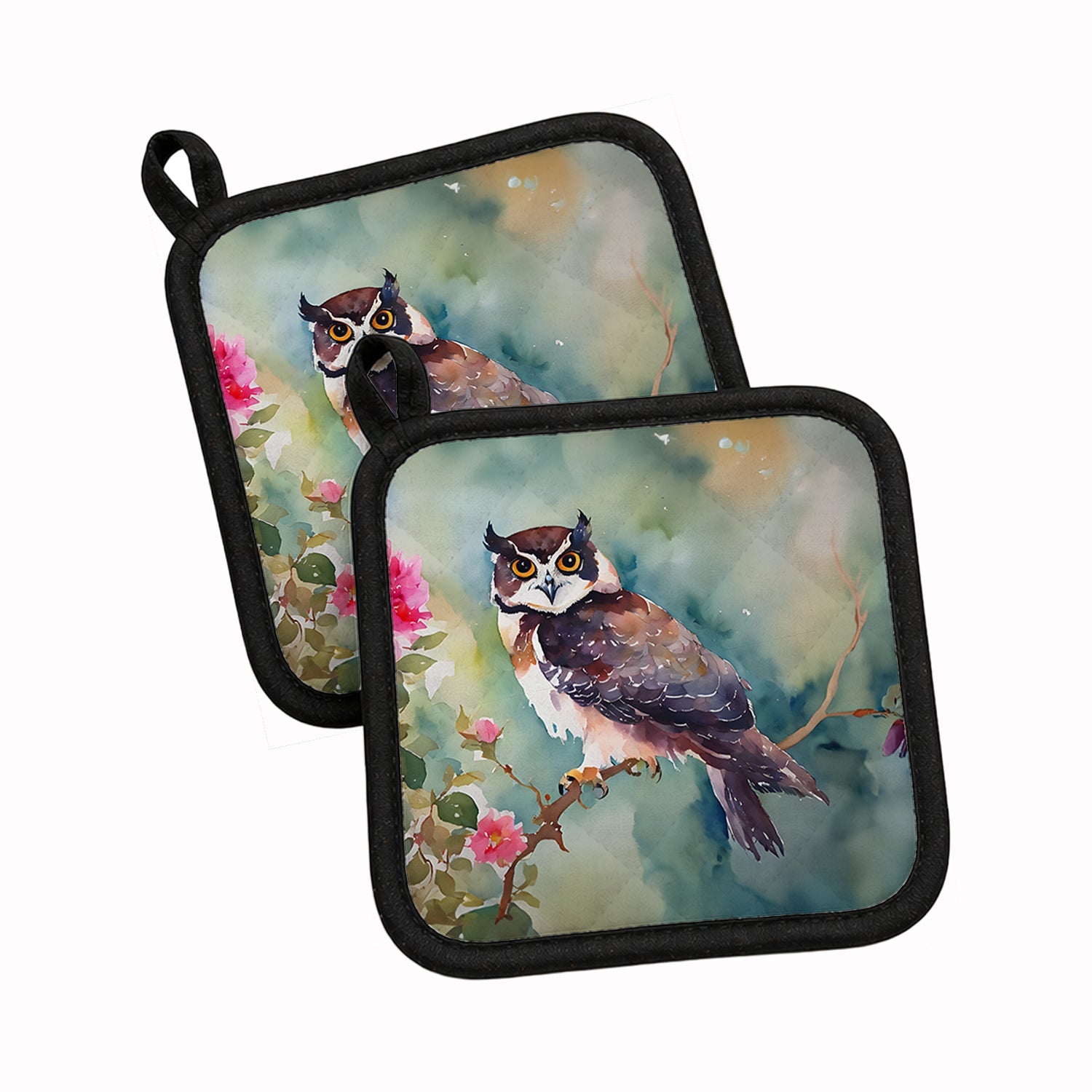Spectacled Owl Perched with Pink Flowers Pot Holder Set of 2 Heat Resistant Quilted Hot Pads 7.5 x 7.5 Inch, Insulated Kitchen Trivets for Cooking & Baking