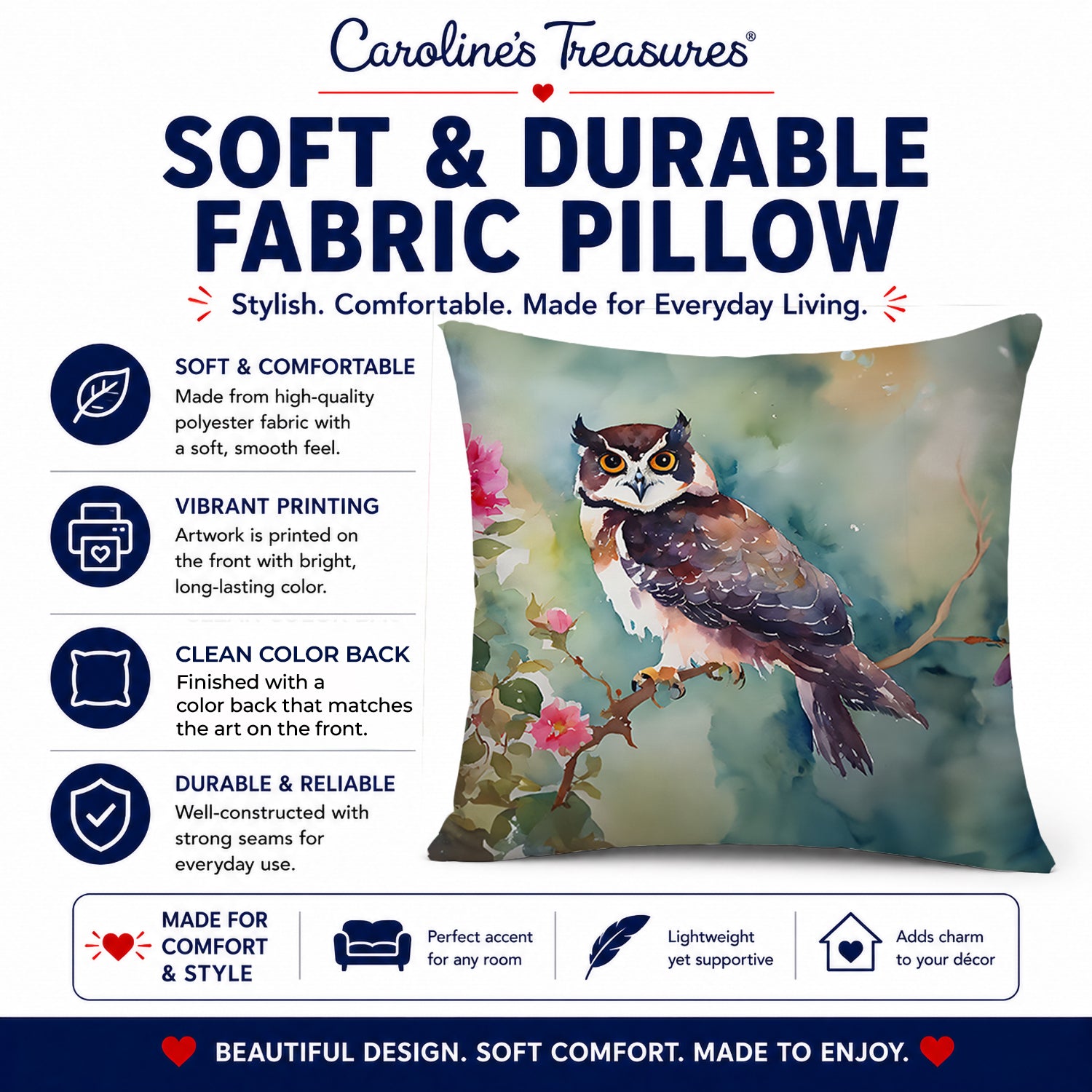 Spectacled Owl Perched with Pink Flowers Decorative Throw Pillow 14x14 Indoor Outdoor Accent Cushion, Fabric Cover with Insert for Sofa, Bed, Porch & Living Room