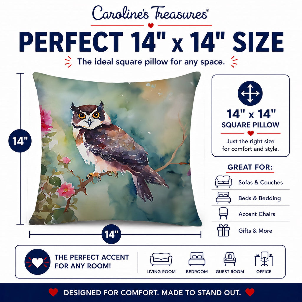 Spectacled Owl Perched with Pink Flowers Decorative Throw Pillow 14x14 Indoor Outdoor Accent Cushion, Fabric Cover with Insert for Sofa, Bed, Porch & Living Room
