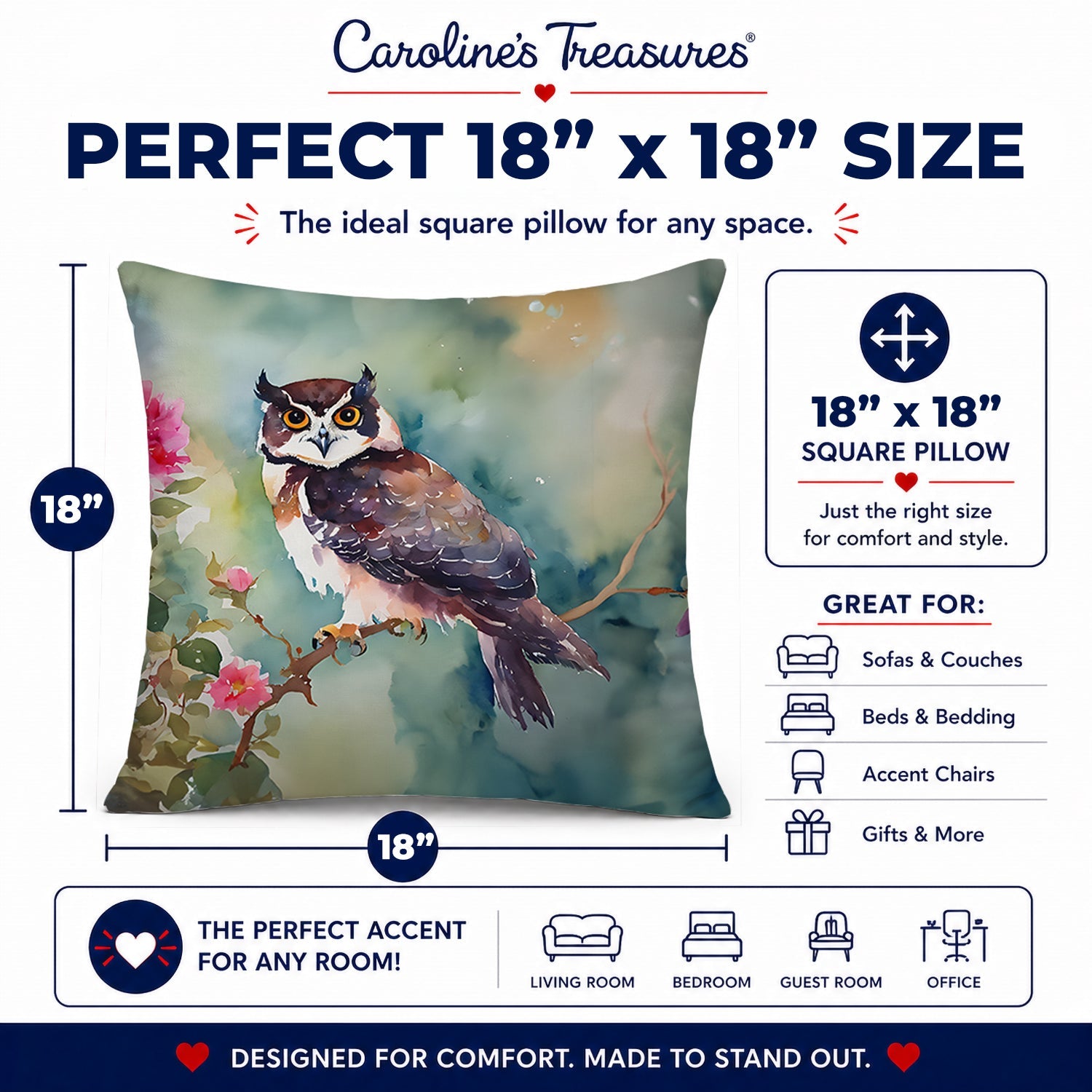 Spectacled Owl Perched with Pink Flowers Decorative Throw Pillow 18x18 Indoor Outdoor Accent Cushion, Fabric Cover with Insert for Sofa, Bed, Porch & Living Room