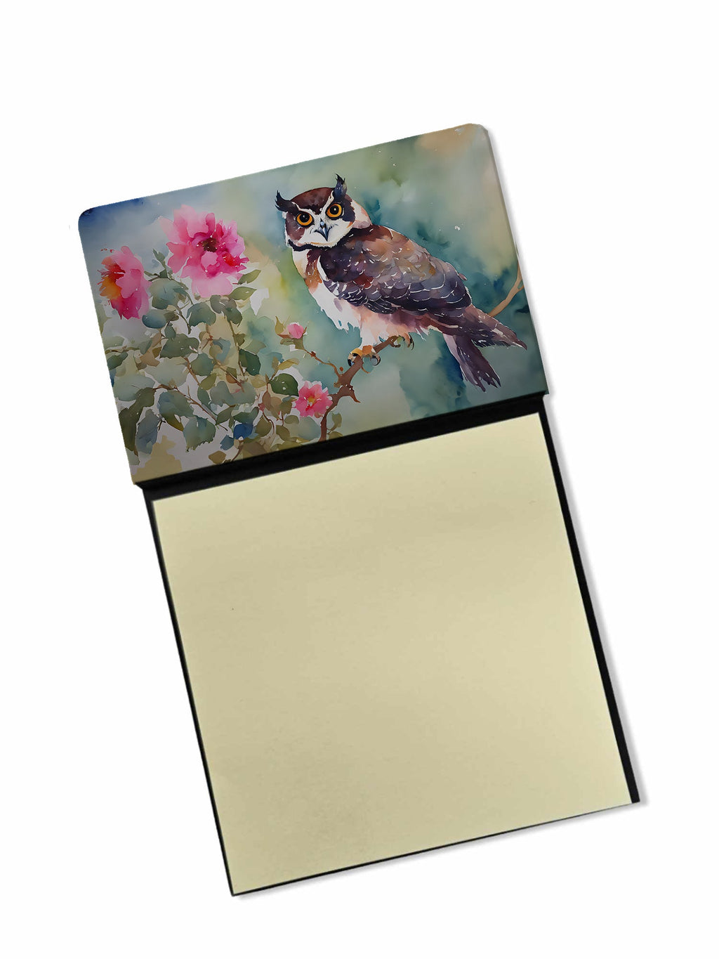 Spectacled Owl Perched with Pink Flowers Watercolor Sticky Note Holder Refillable Dispenser Desk Accessory 3x3 Pad Gift